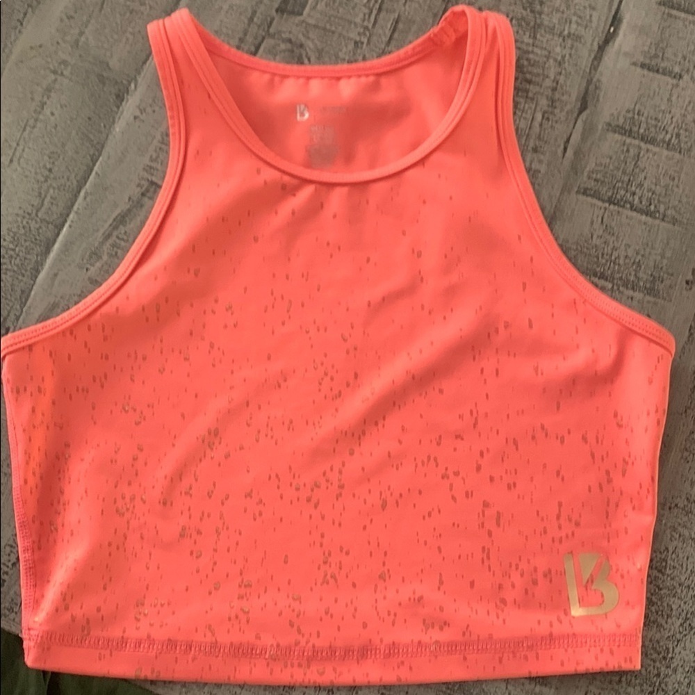 BuffBunny Medium Pink Coral Specked Gold Tank Bra Top, EUC,